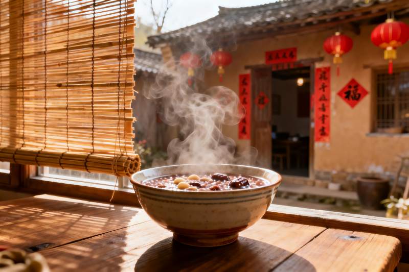 热气腾腾的粥与传统庭院图片