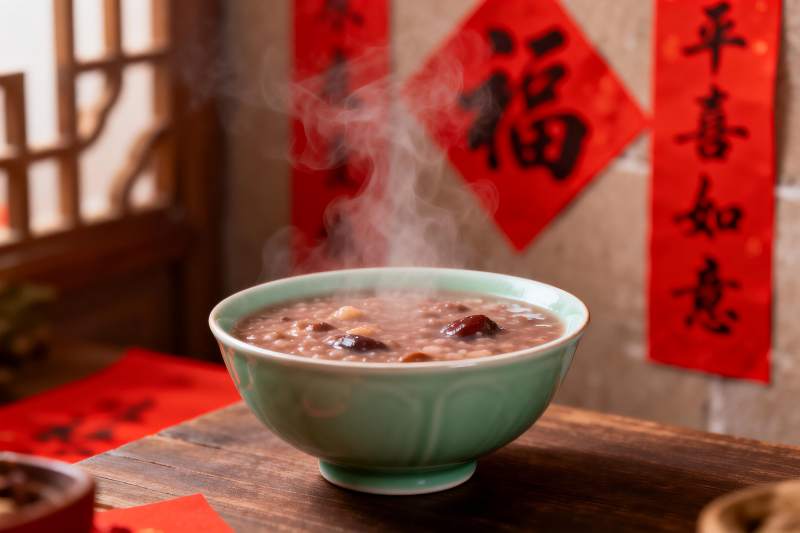 热气腾腾的粥配红色春联图片