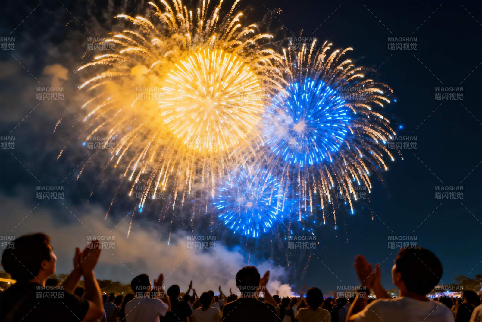 夜空烟花绽放人群欢呼图片