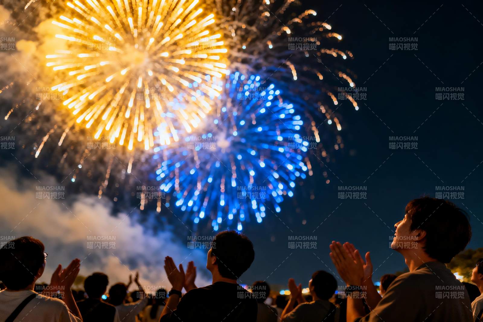 夜空烟花绽放人群观赏盛景图片