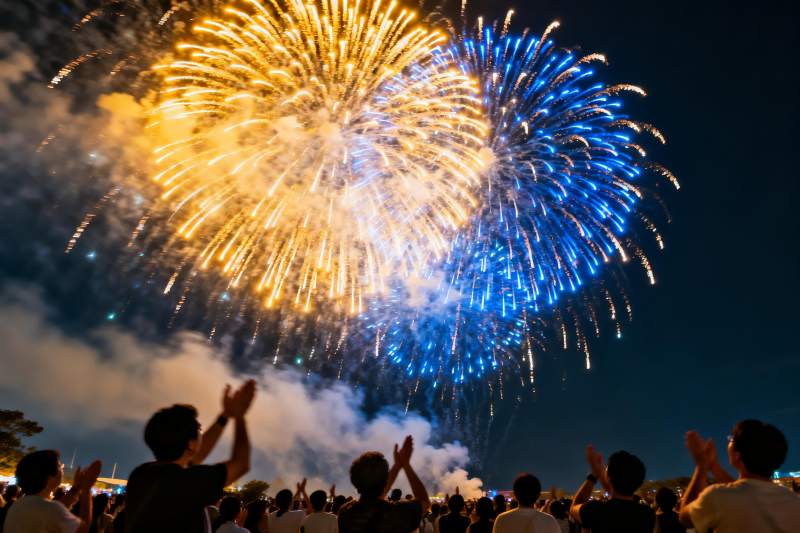 夜空烟花绽放人群欢呼图片