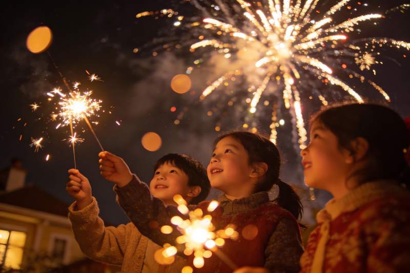 儿童手持烟花仰望夜空图片