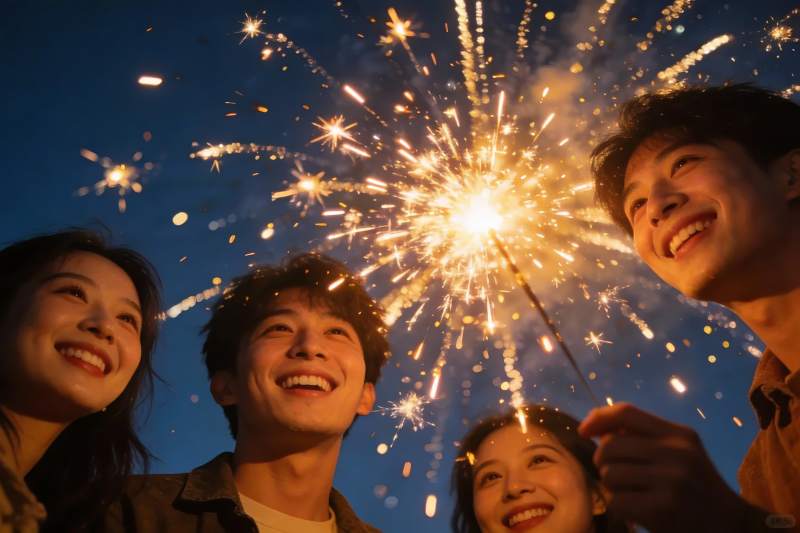 四人手持烟花夜空欢笑图片