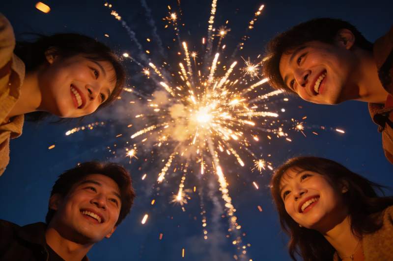 四人仰望烟花笑脸图片