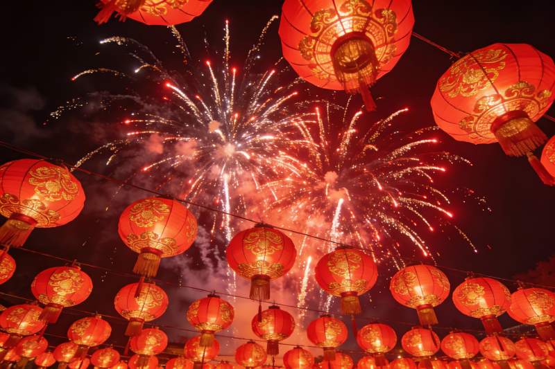 夜空烟花灯笼齐放节日盛景图片