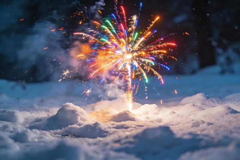 雪地烟花绽放夜景图片