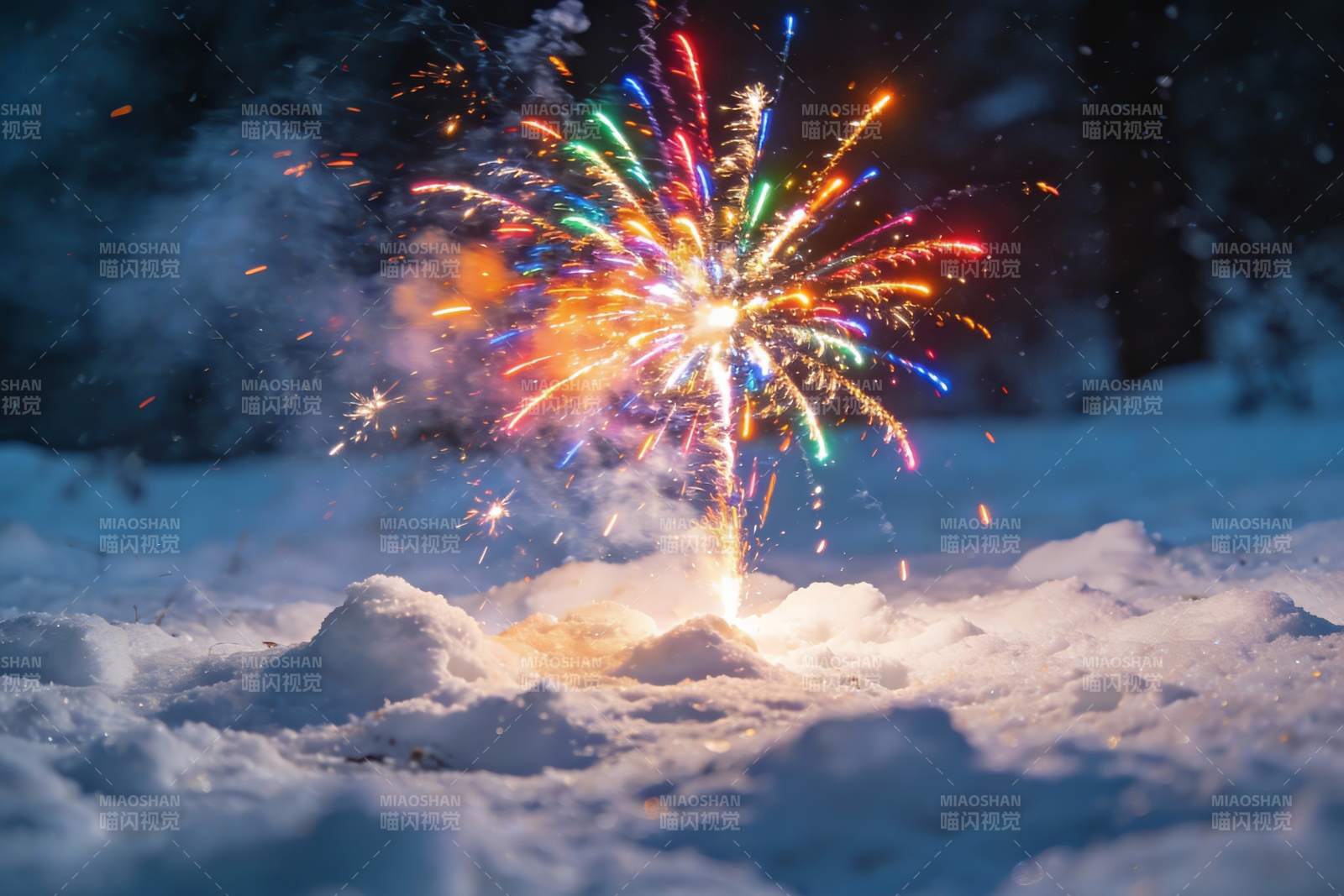 雪地烟花绽放夜景图片