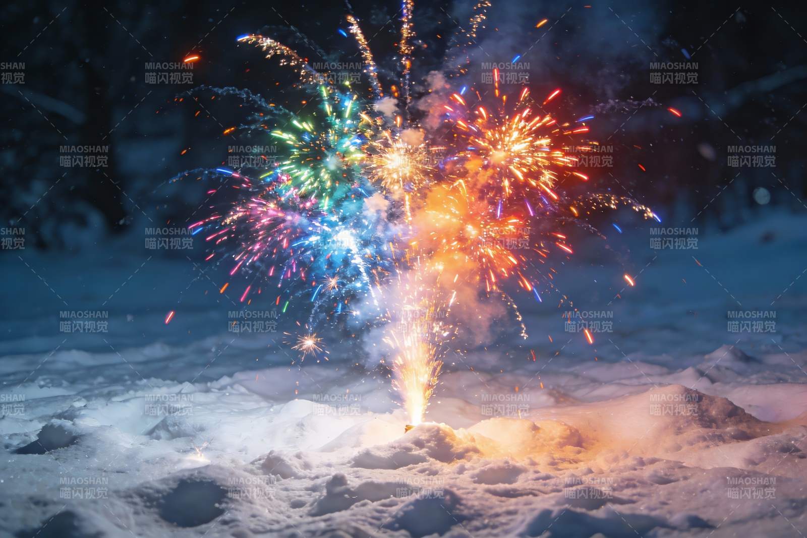 雪地烟花绽放夜景图片