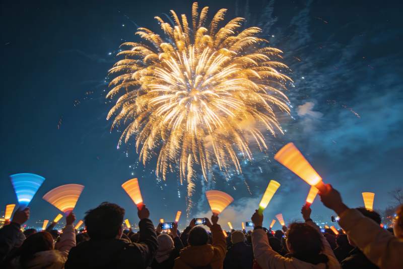 夜空烟花绽放人群手持荧光棒图片