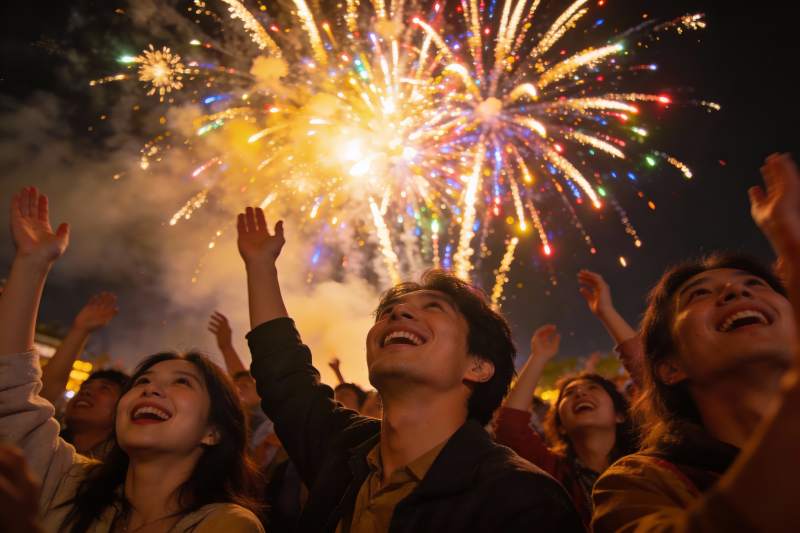 人群仰望夜空烟花绽放图片