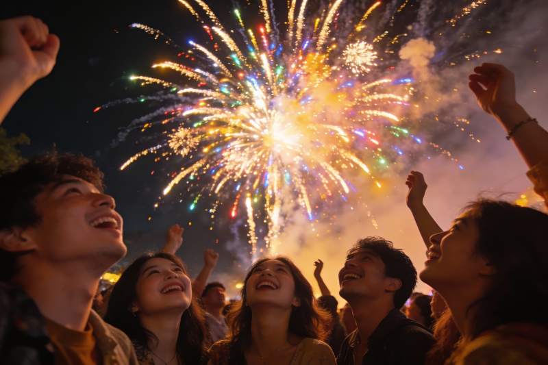 夜空烟花下人群欢庆场景图片