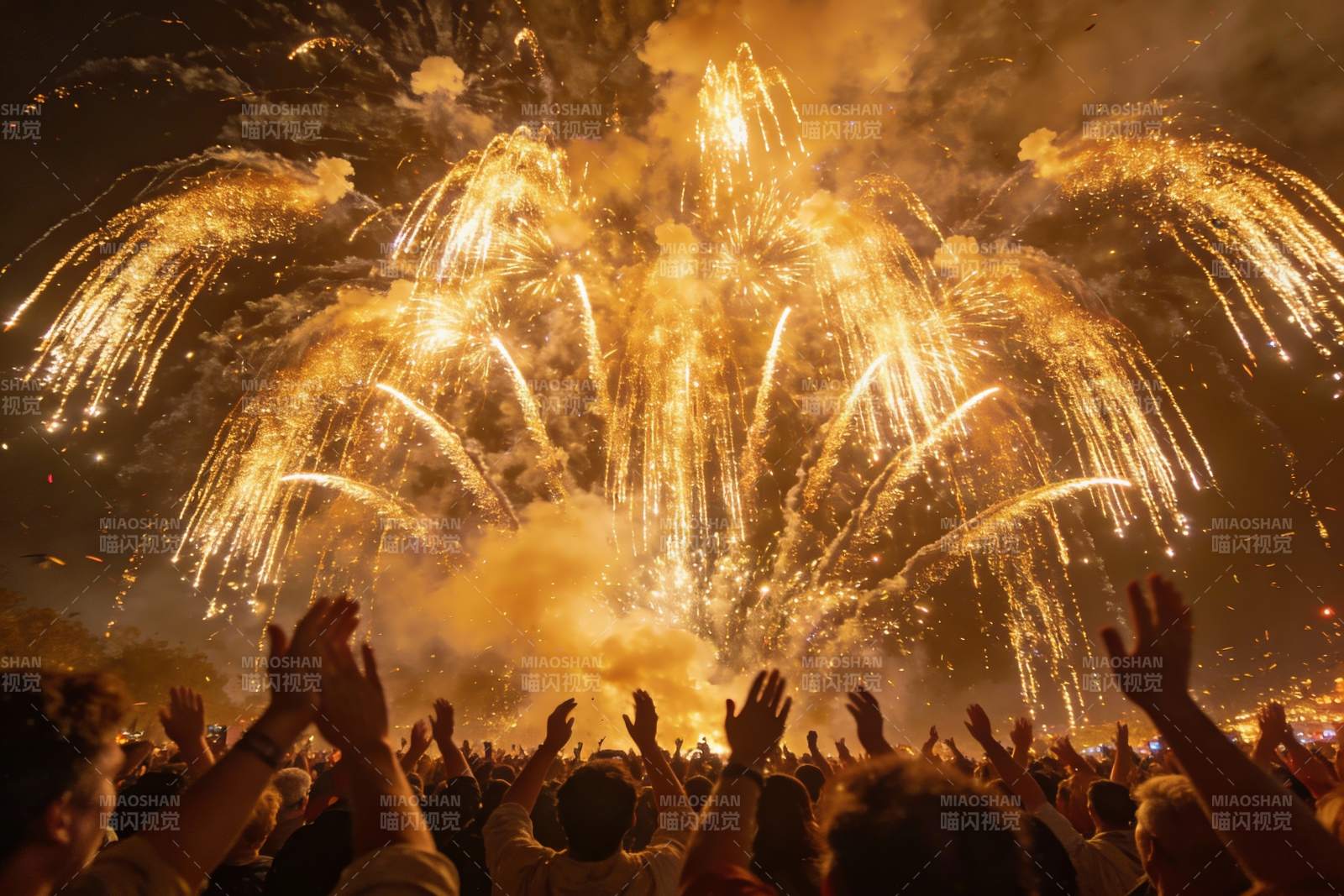 夜空烟花绽放人群欢呼图片