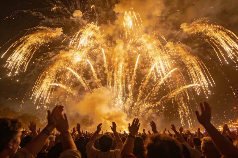 夜空烟花绽放人群欢呼图片