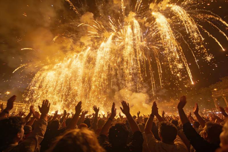 夜空烟花绽放人群欢呼图片