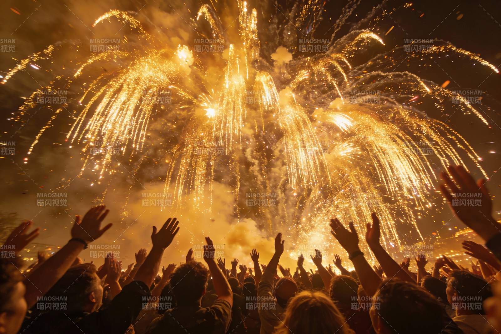 夜空烟花绽放人群欢呼图片