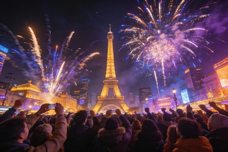 埃菲尔铁塔烟花夜图片