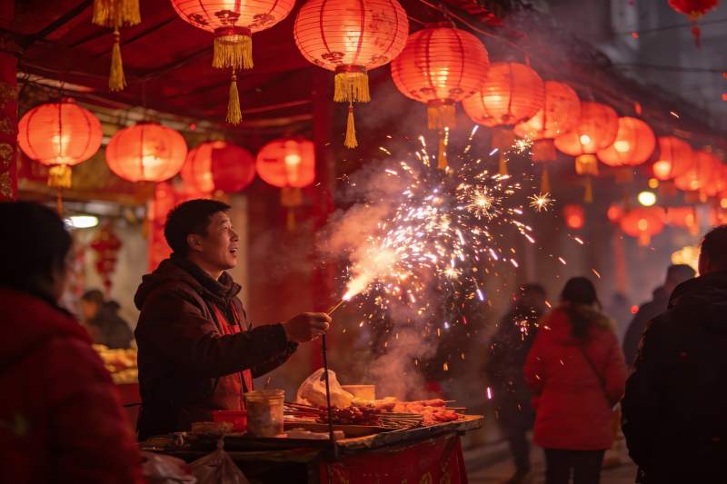 夜市烟花红灯笼热闹场景图片