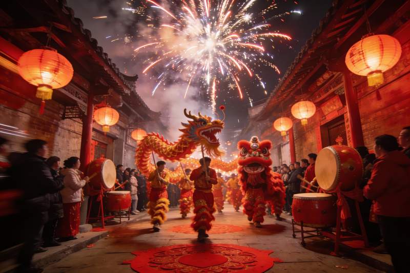 夜街舞龙舞狮烟花绽放图片