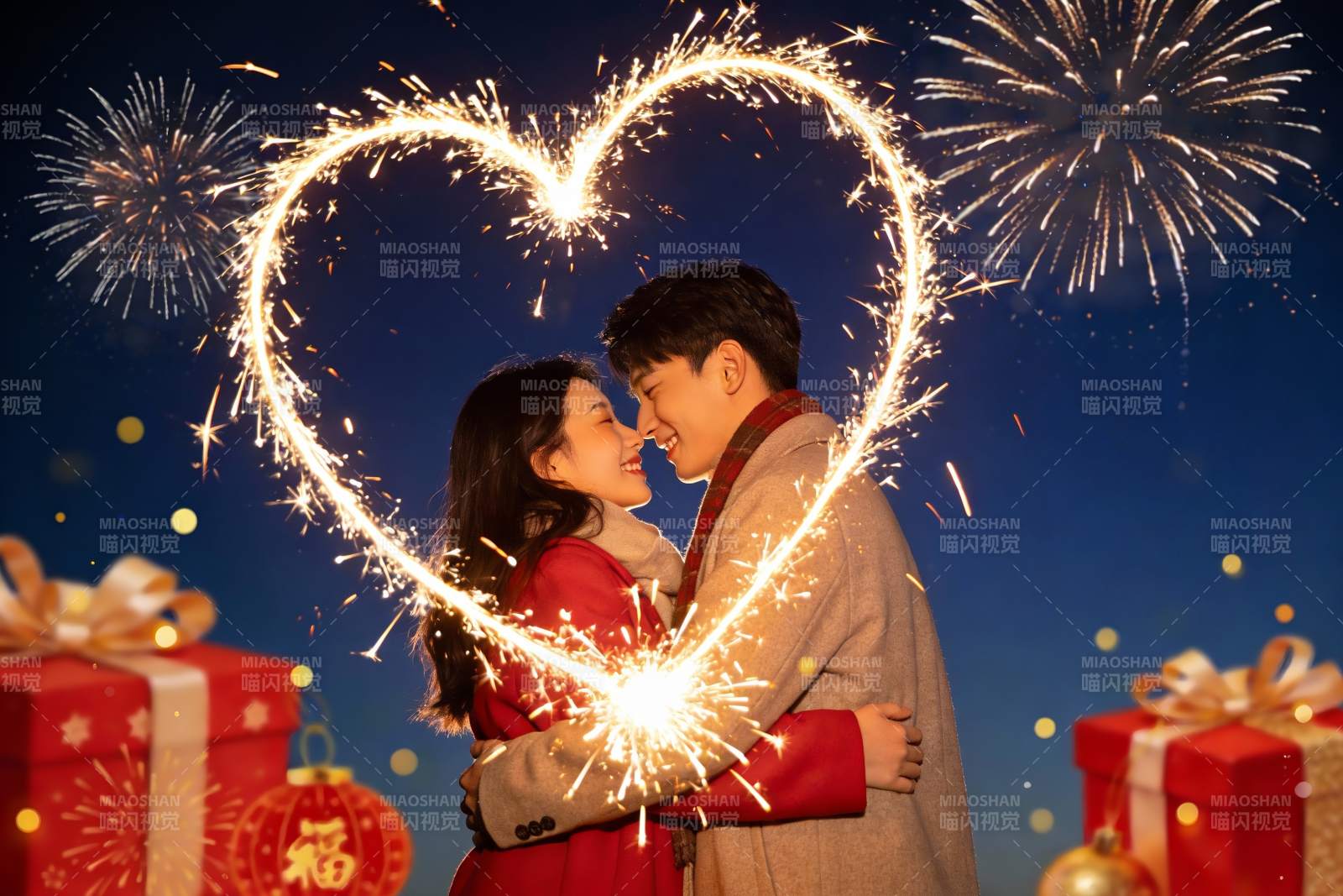 烟花心形情侣夜景图片