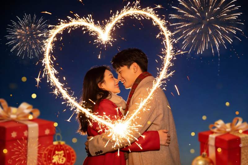 烟花心形情侣夜景图片