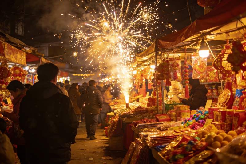 夜市烟花璀璨热闹非凡图片
