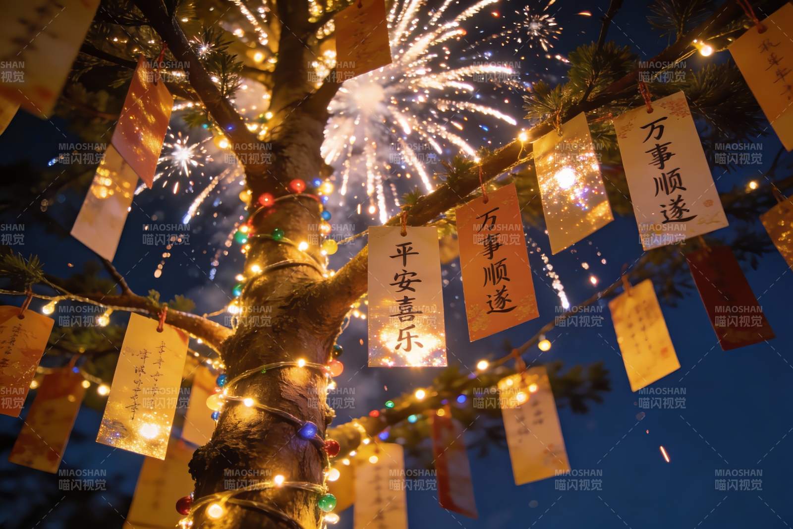 烟花树挂祈福牌夜景图片