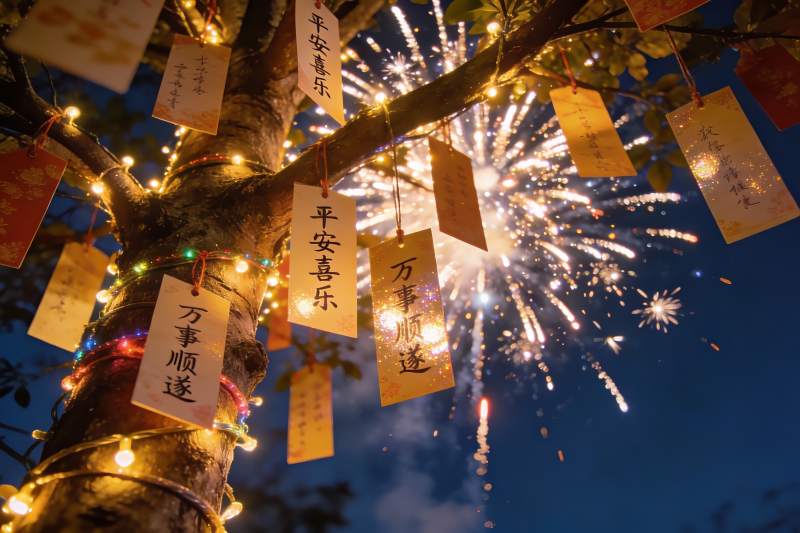 烟花树挂祈福牌夜景图片