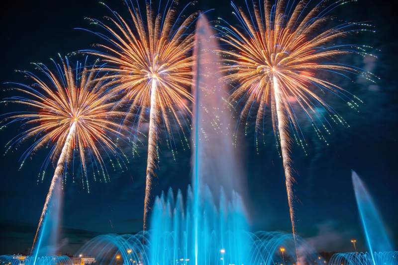 夜空烟花绽放喷泉共舞图片