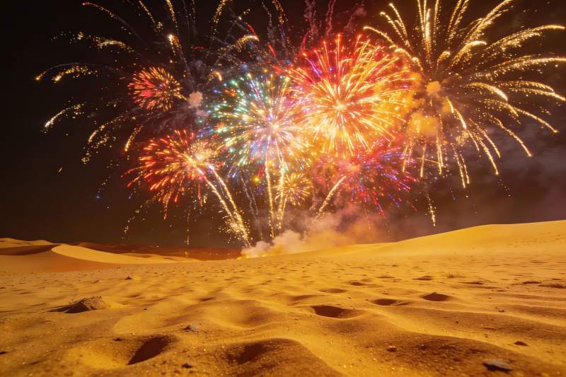 沙漠夜空烟花绽放图片