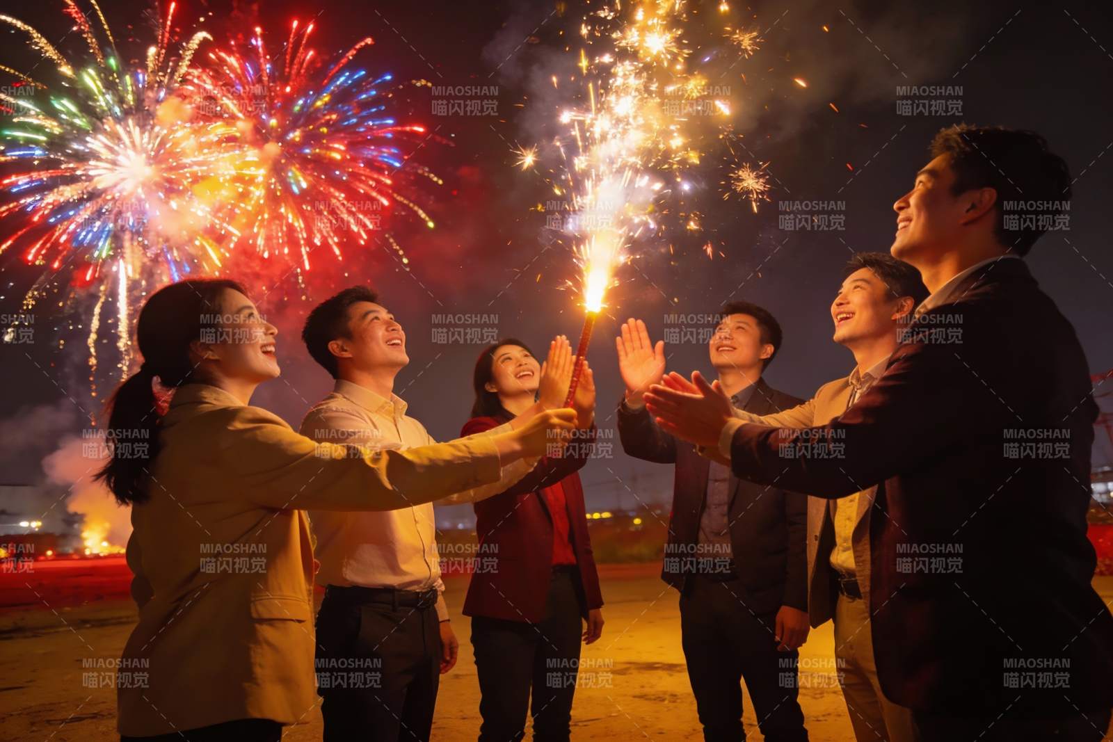 夜空烟花下欢庆人群图片