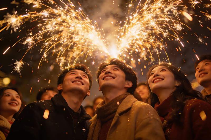 夜空中绽放烟花众人仰望图片