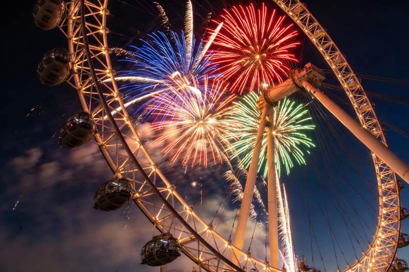 摩天轮夜空烟花绽放图片