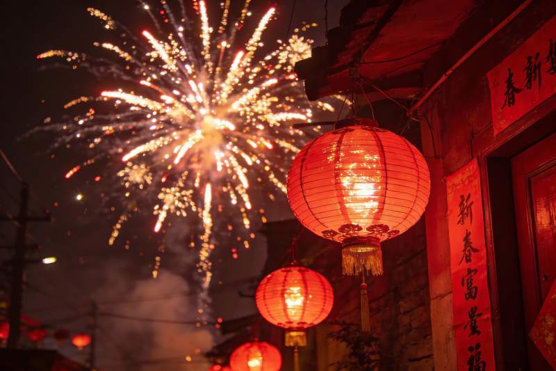 夜空中绽放的烟花与红灯笼图片
