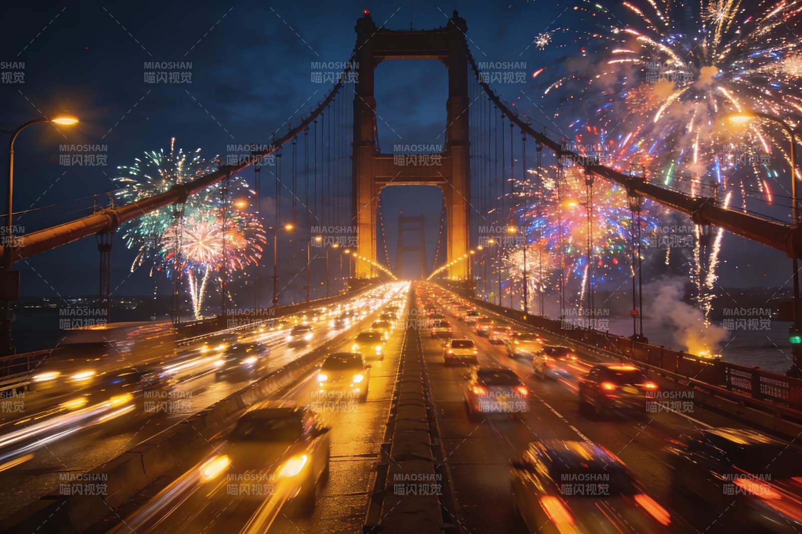 夜幕大桥烟花璀璨车流不息图片