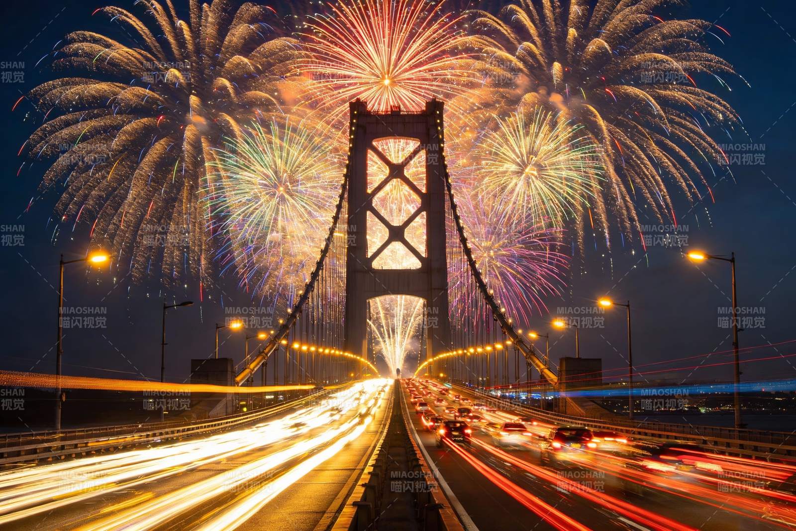 夜幕大桥烟花璀璨车流如织图片