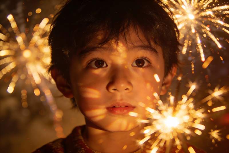 烟花映衬下的孩童专注神情图片