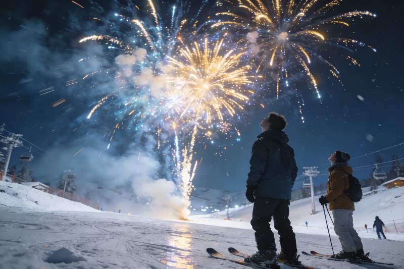 雪地烟花夜景滑雪者图片