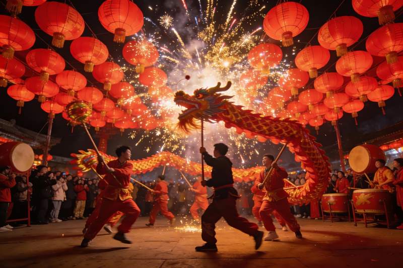 夜空中舞龙烟花璀璨夺目图片