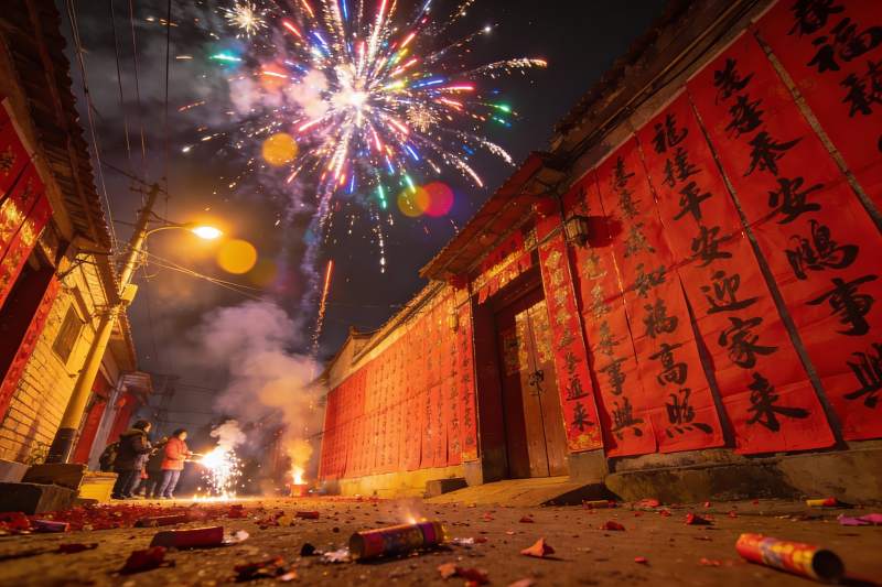 夜街烟花绽放欢庆场景图片