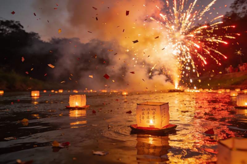 夜放河灯烟花绽放图片