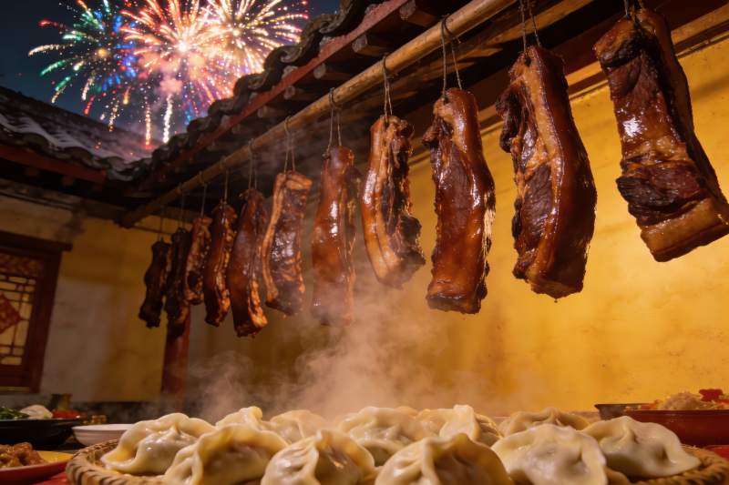 烟花下悬挂腊肉与热气饺子图片
