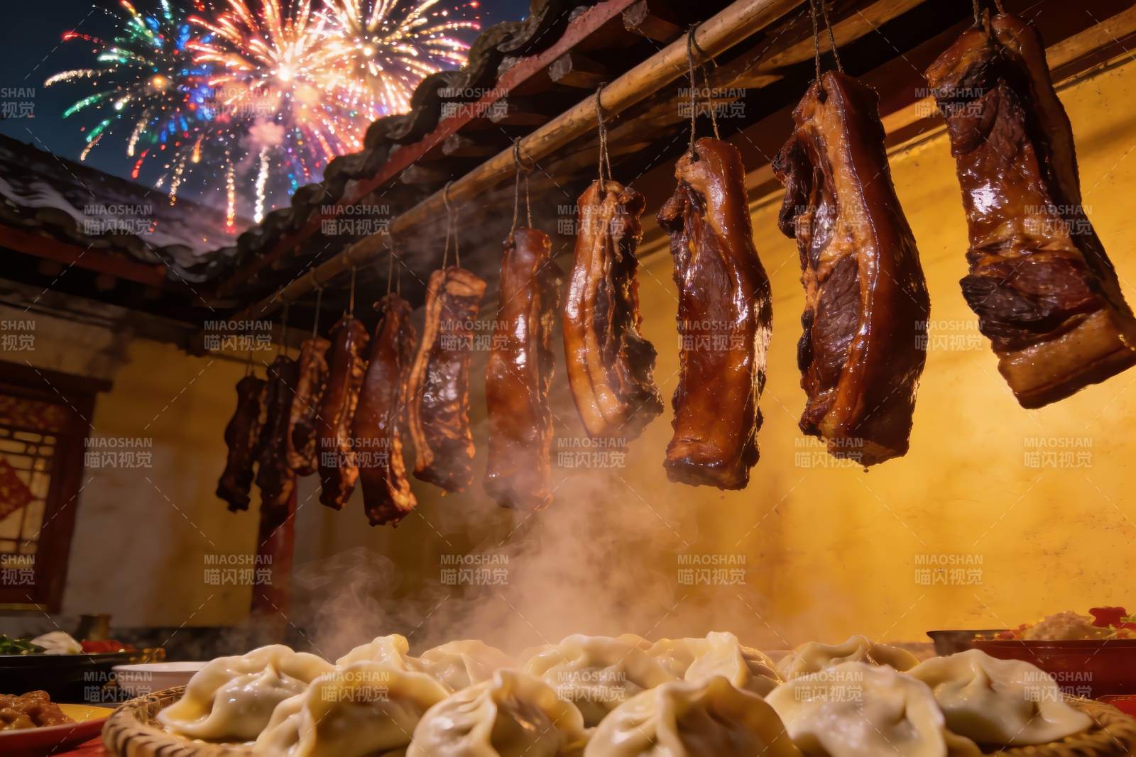烟花下悬挂腊肉与热气饺子图片