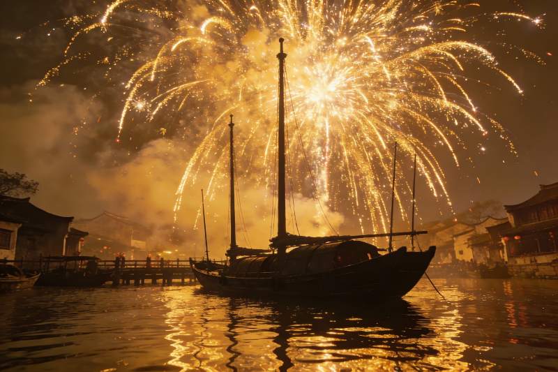 夜幕江畔烟花璀璨古船静泊图片