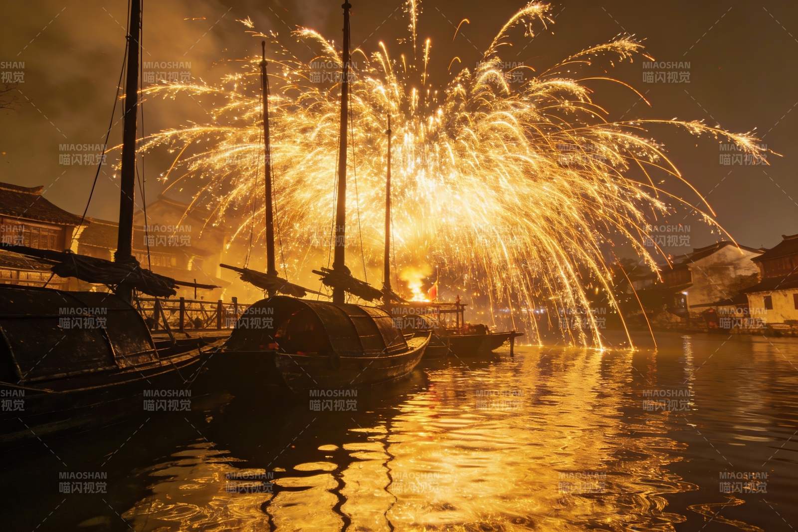 夜幕江畔烟花绽放图片