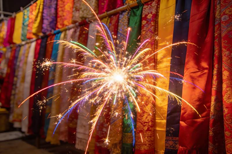 烟花绽放布帘前绚丽多彩图片