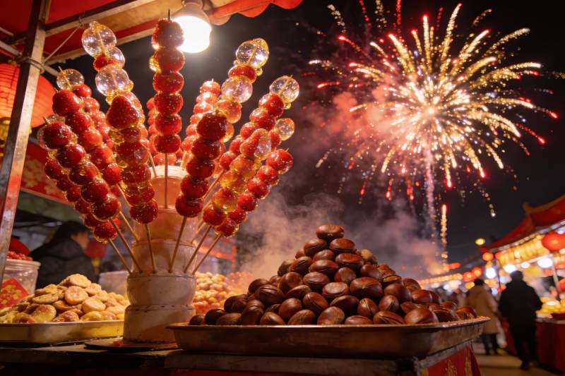 夜市烟火下糖葫芦与板栗图片