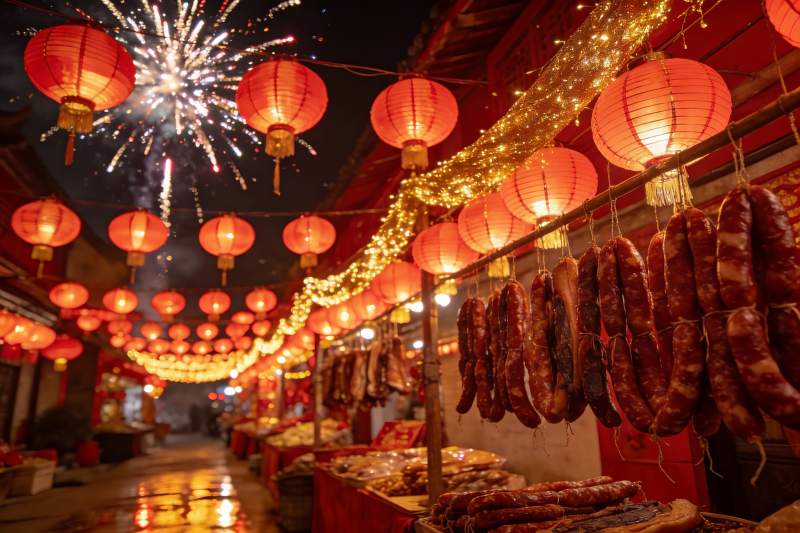 夜市烟火红灯笼挂腊肠图片