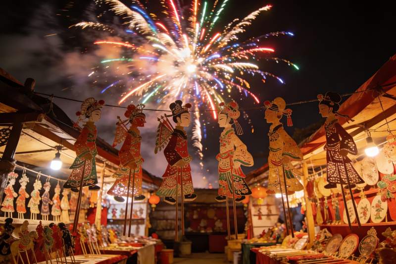 夜市皮影戏与烟花绽放图片