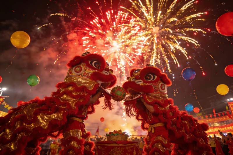 舞狮烟花夜庆典图片