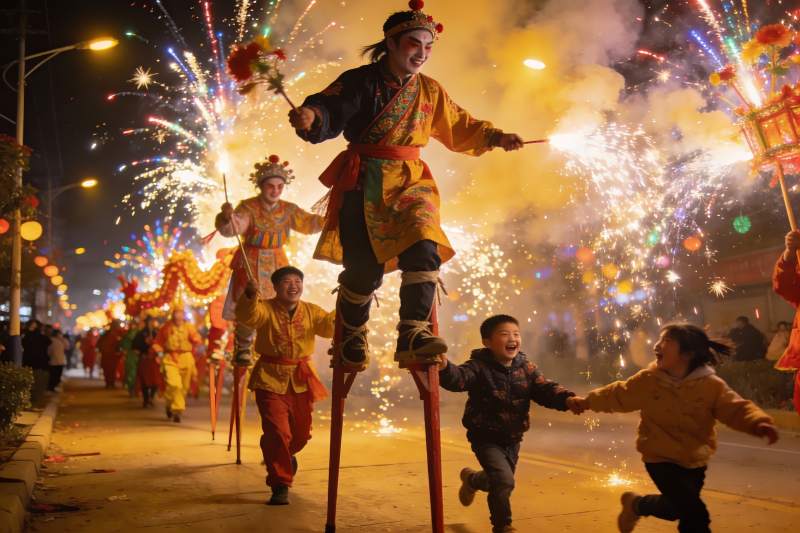烟花节庆踩高跷儿童欢跑图片